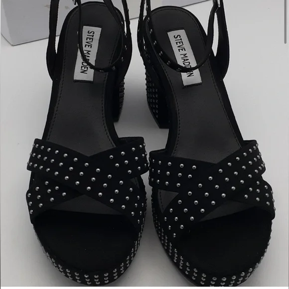 Steve Madden Rosa Studded Black Platform Suede Sandal Heel - Picture 2 of 7